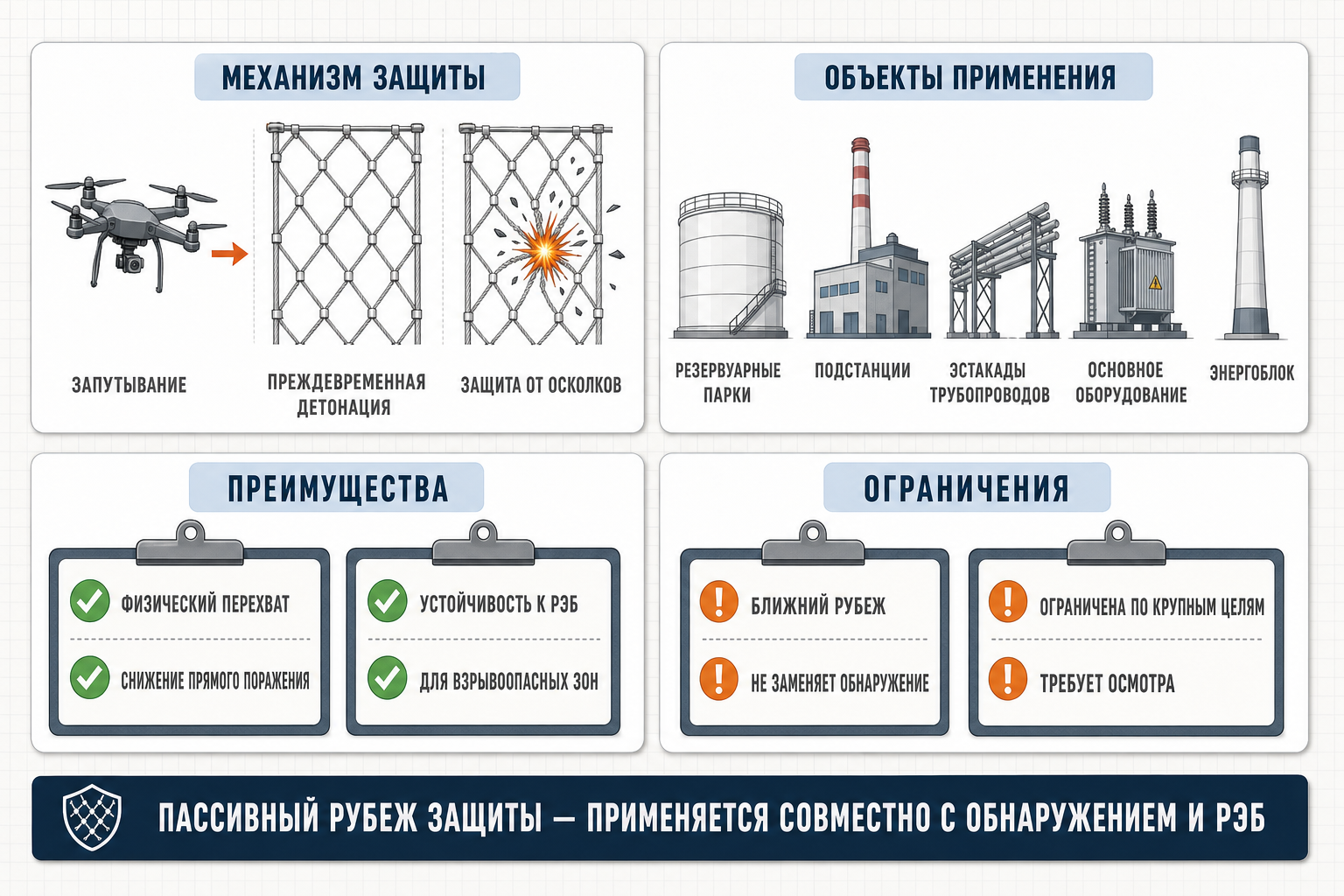 Механизм защиты, объекты применения, преимущества и ограничения противодроновой канатной сетки